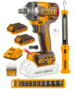 Combo 2 Herramientas Inalámbricas: Llave de Impacto 400NM + Linterna + 2 Baterías 2AH + Cargador + Dados