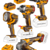 Combo 4 Herramientas Inalámbricas: Taladro Percutor de Impacto 96NM + Llave de Impacto 500NM + Esmeril Angular + Linterna + 2 Baterías 4AH + Cargador