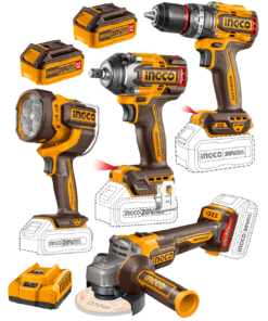 Combo 4 Herramientas Inalámbricas: Taladro Percutor de Impacto 96NM + Llave de Impacto 500NM + Esmeril Angular + Linterna + 2 Baterías 4AH + Cargador