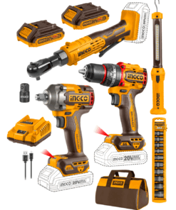 Combo 4 Herramientas Inalámbricas: Taladro Percutor de Impacto 66NM + Llave de Impacto 400NM + Llave Chicharra 65NM + Linterna + 2 Baterías 2AH + Cargador