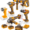 Combo 5 Herramientas Inalámbricas: Taladro Percutor de Impacto 66NM + Llave de Impacto 400NM + Rotomartillo + Esmeril + Linterna + 2 Baterías 4AH + Cargador