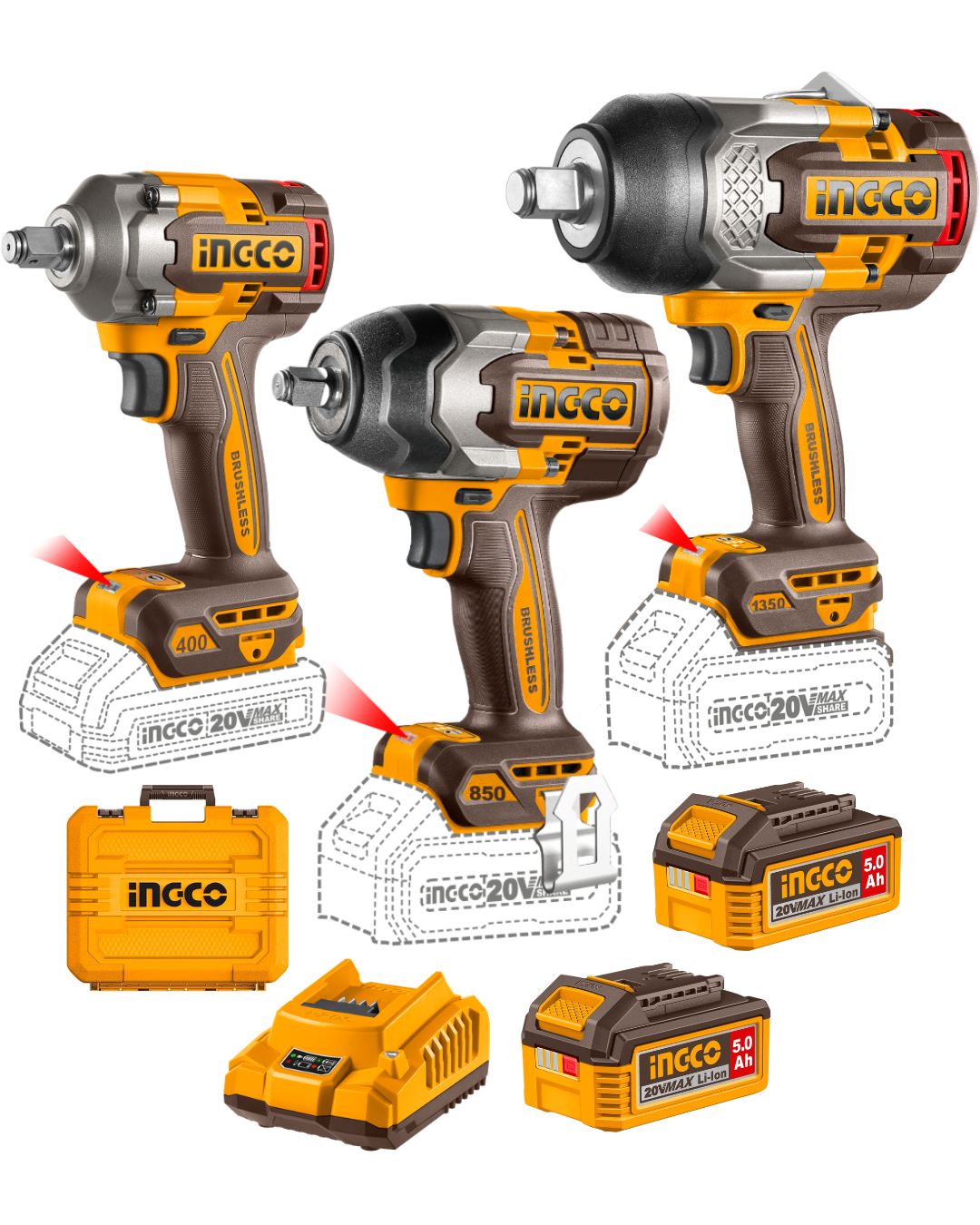 COSLI250386 Combo 3 Herramientas Inalámbricas: Llaves de Impacto 1350NM + 850NM + 400NM + 2 Baterías 5AH + Cargador