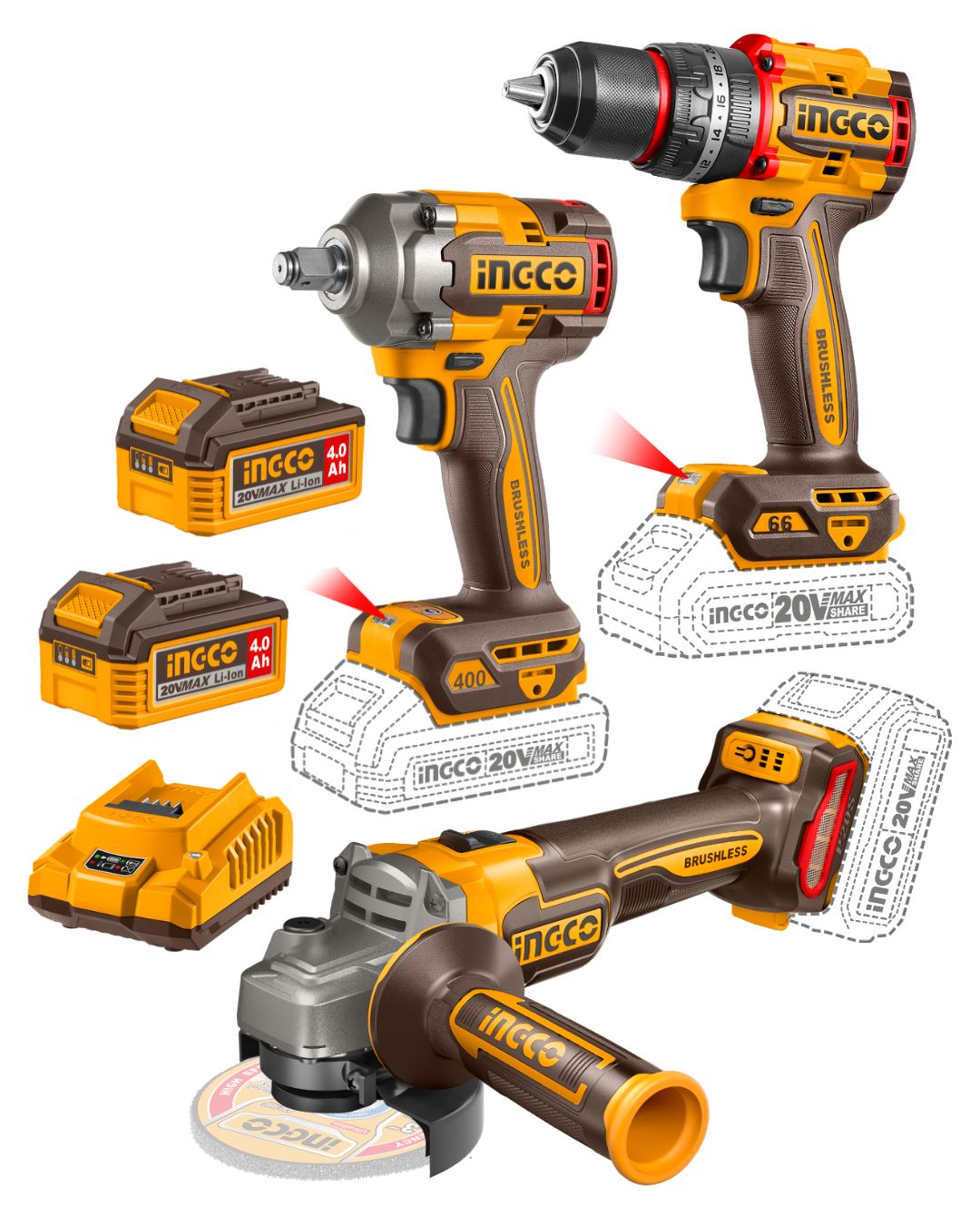 COSLI241291 Combo 3 Herramientas Inalámbricas: Taladro Percutor de Impacto 66NM + Llave de Impacto 400NM + Esmeril 1000W + 2 Baterías 4AH + Cargador