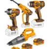 Combo 4 Herramientas Inalámbricas: Llave de Impacto 500NM + Pistola de Calor + Hidrolavadora + Aspiradora + 2 Baterías 4AH + Cargador