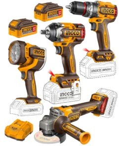 Combo 4 Herramientas Inalámbricas: Taladro Percutor de Impacto 96NM + Llave de Impacto 500NM + Esmeril Angular + Linterna + 2 Baterías 4AH + Cargador Rápido