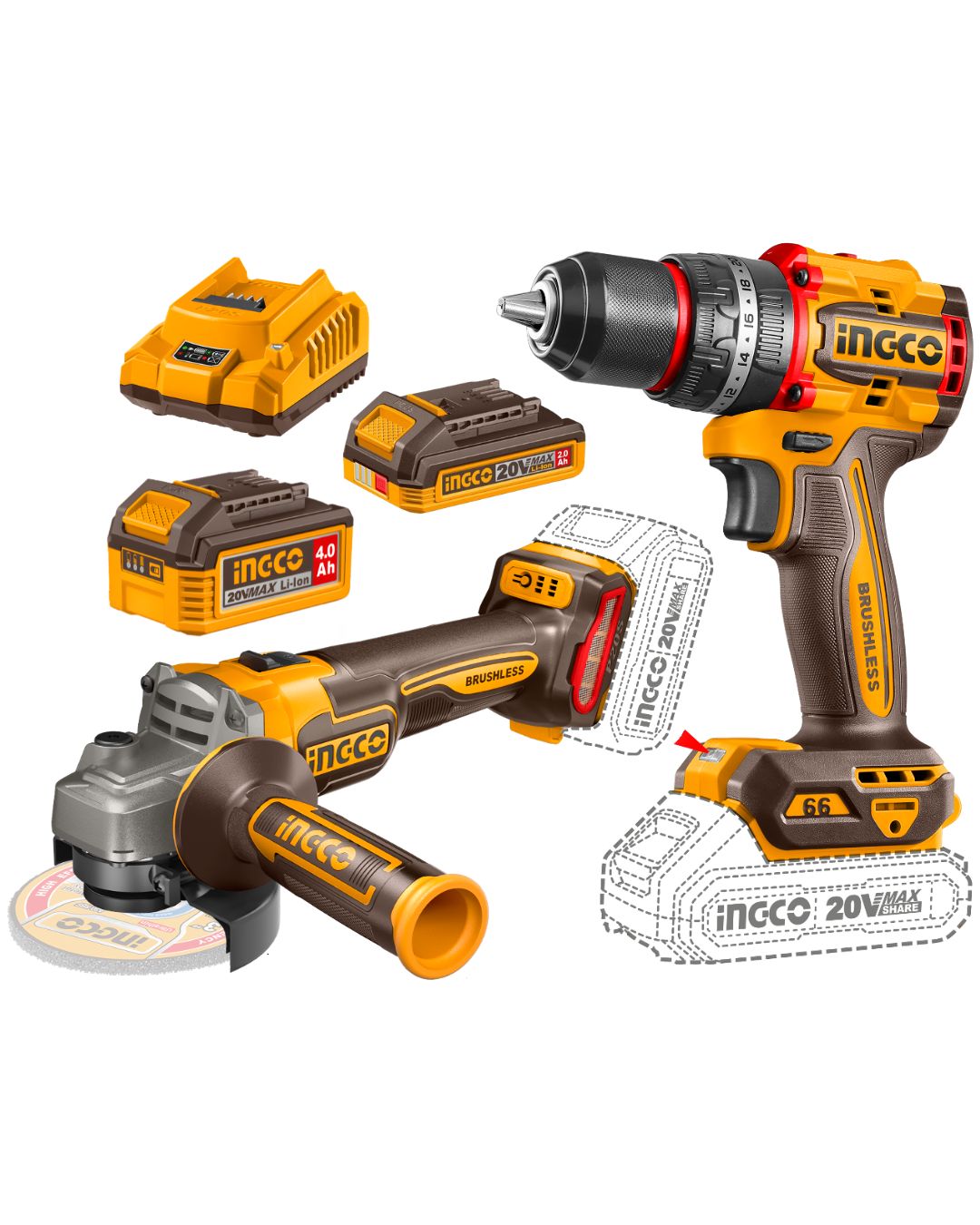 CKLI20273 Combo 2 Herramientas Inalámbricas: Taladro Percutor de Impacto 66NM + Esmeril 900W + Batería 4AH + Batería 2AH + Cargador