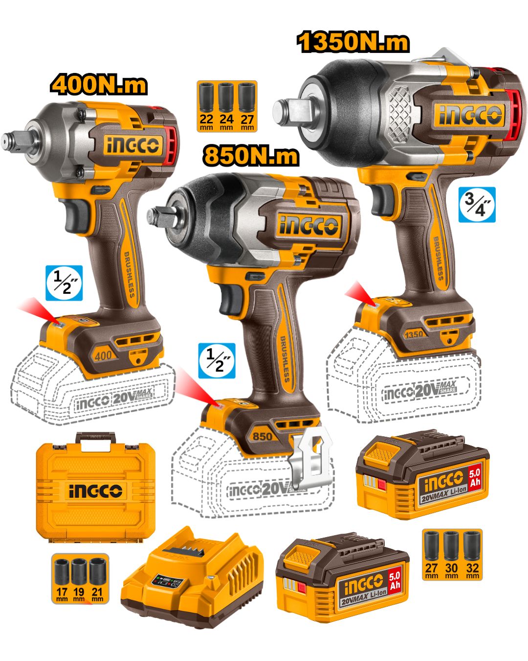 COSLI250386 Combo 3 Herramientas Inalámbricas: Llaves de Impacto 1350NM + 850NM + 400NM + 2 Baterías 5AH + Cargador