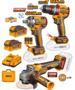 Combo 3 Herramientas Inalámbricas: Taladro Percutor de Impacto 66NM + Llave de Impacto 400NM + Esmeril 1000W + 2 Baterías 4AH + Cargador