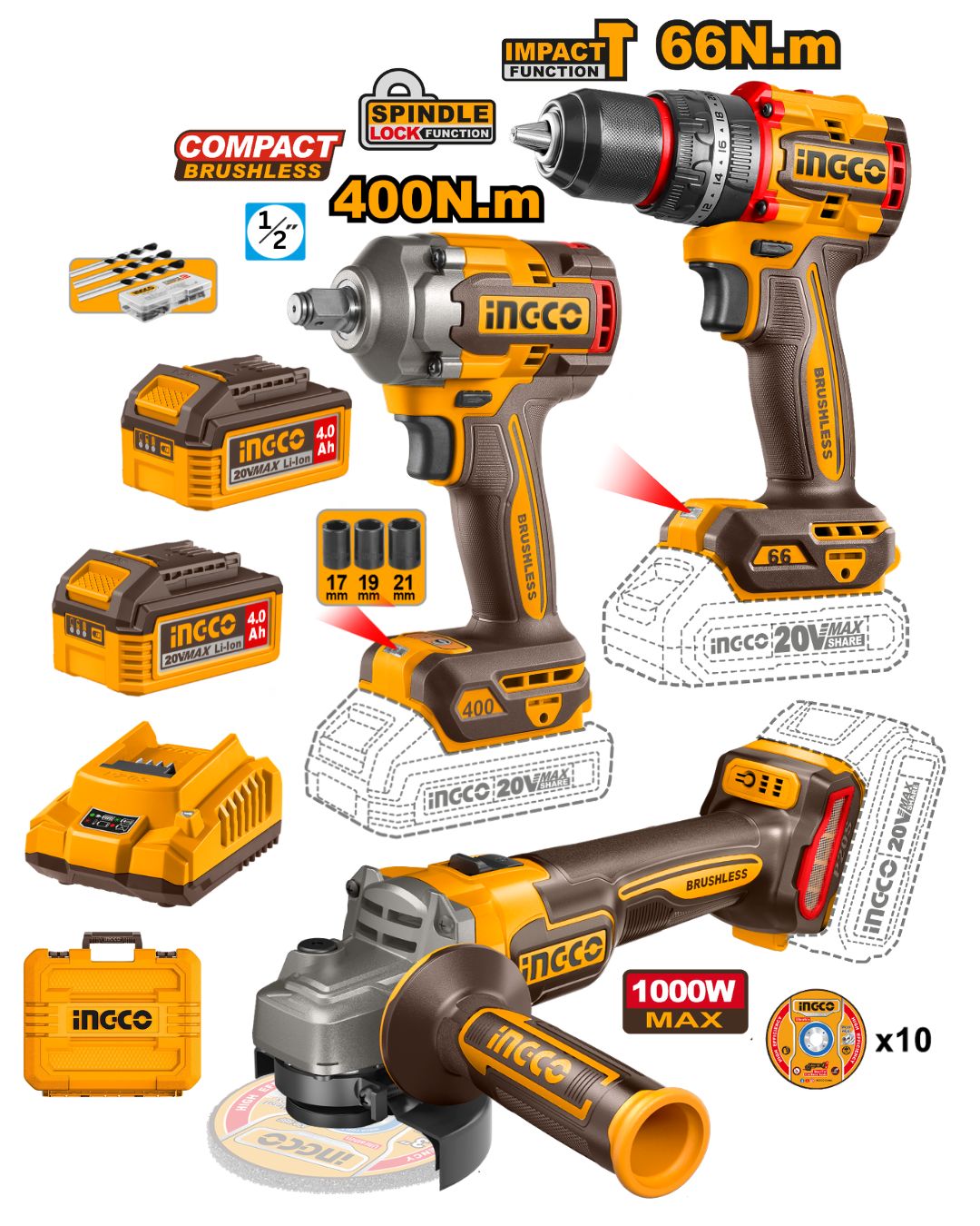 COSLI241291 Combo 3 Herramientas Inalámbricas: Taladro Percutor de Impacto 66NM + Llave de Impacto 400NM + Esmeril 1000W + 2 Baterías 4AH + Cargador