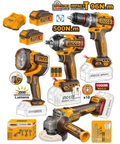 Combo 4 Herramientas Inalámbricas: Taladro Percutor de Impacto 96NM + Llave de Impacto 500NM + Esmeril Angular + Linterna + 2 Baterías 4AH + Cargador Rápido