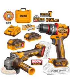 Combo 2 Herramientas Inalámbricas: Taladro Percutor de Impacto 66NM + Esmeril 900W + Batería 4AH + Batería 2AH + Cargador