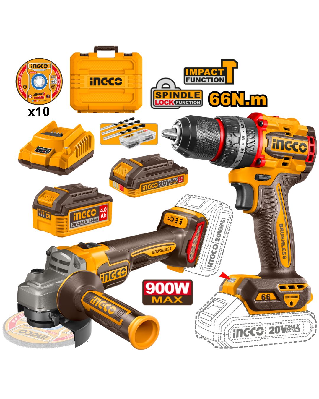 CKLI20273 Combo 2 Herramientas Inalámbricas: Taladro Percutor de Impacto 66NM + Esmeril 900W + Batería 4AH + Batería 2AH + Cargador