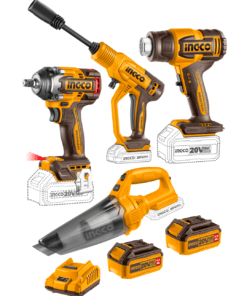 Combo 4 Herramientas Inalámbricas: Llave de Impacto 500NM + Pistola de Calor + Hidrolavadora + Aspiradora + 2 Baterías 4AH + Cargador