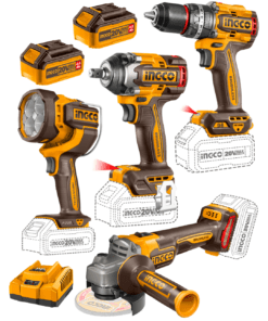 Combo 4 Herramientas Inalámbricas: Taladro Percutor de Impacto 96NM + Llave de Impacto 500NM + Esmeril Angular + Linterna + 2 Baterías 4AH + Cargador Rápido