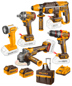 Combo 5 Herramientas Inalámbricas: Taladro Percutor de Impacto 66NM + Llave de Impacto 400NM + Rotomartillo + Esmeril + Linterna + 2 Baterías 4AH + Cargador