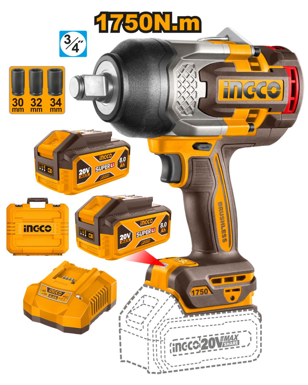 CIWLI20175 Llave de Impacto Inalámbrica 1750NM + 2 Baterías 8AH + Cargador Rápido