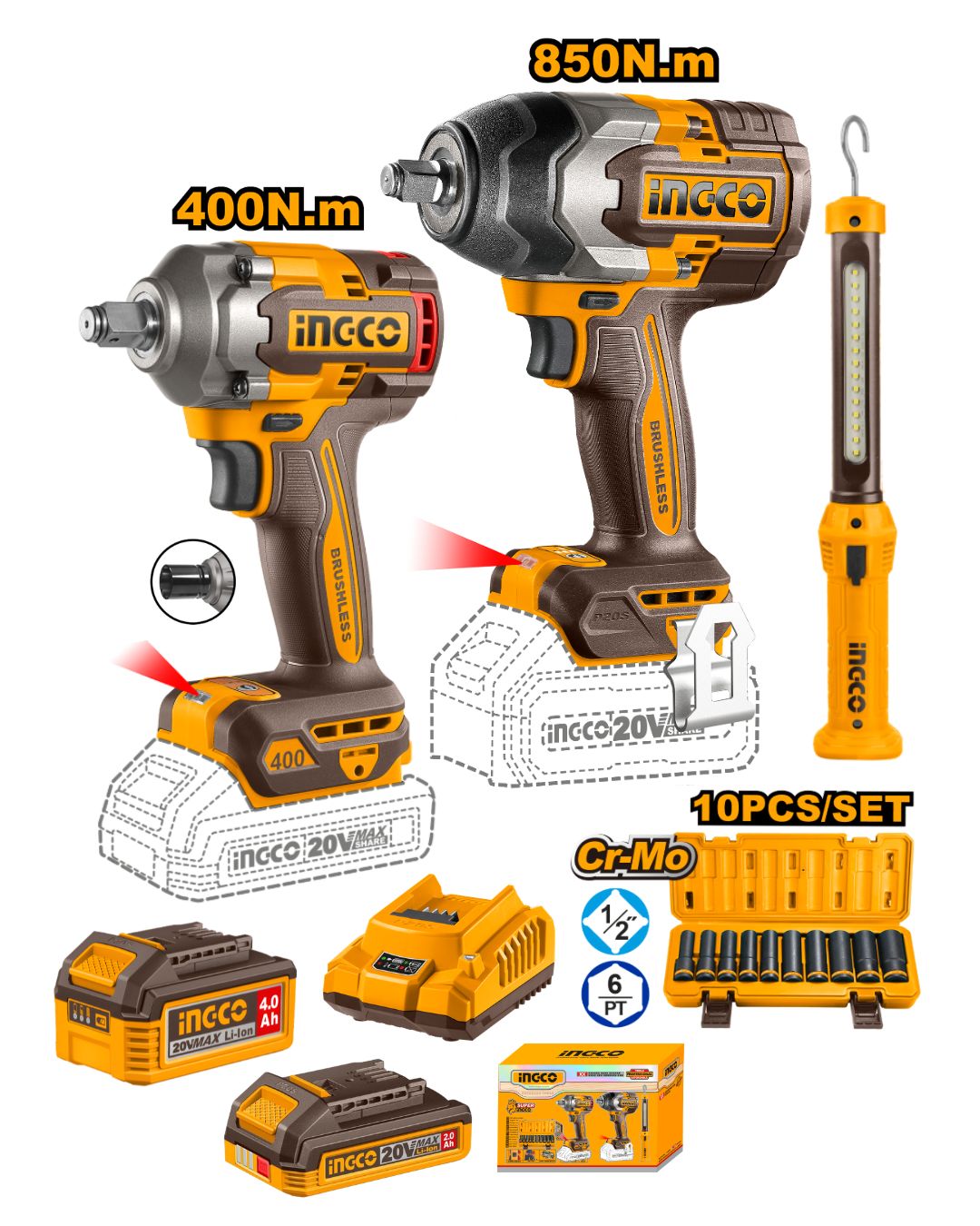 COSLI241195 Combo 3 Herramientas Inalámbricas: Llave de Impacto 850NM + Llave de Impacto 400NM + Linterna + Baterías 2AH & 4AH + Cargador